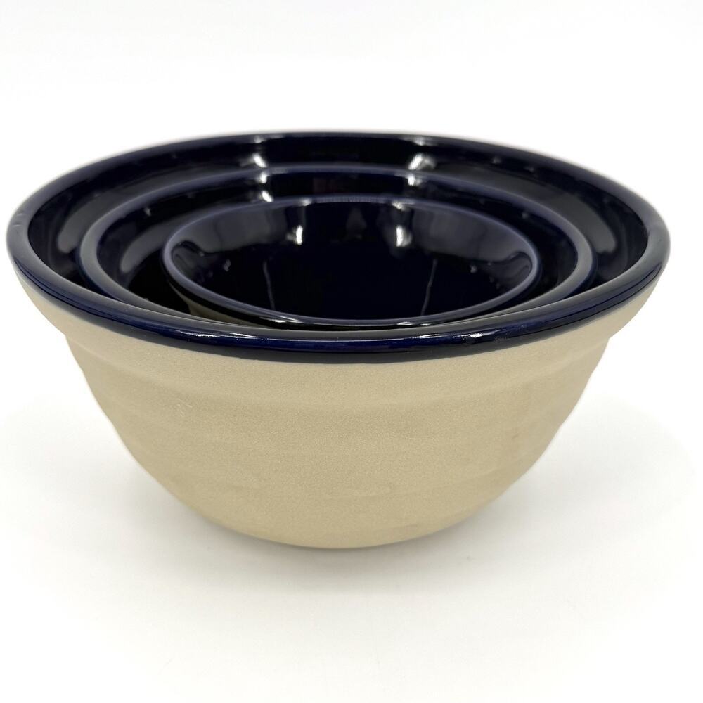 Set 3 Great American Stoneware Factory Cobalt Blue/Natural Ribbed Nesting Bowls